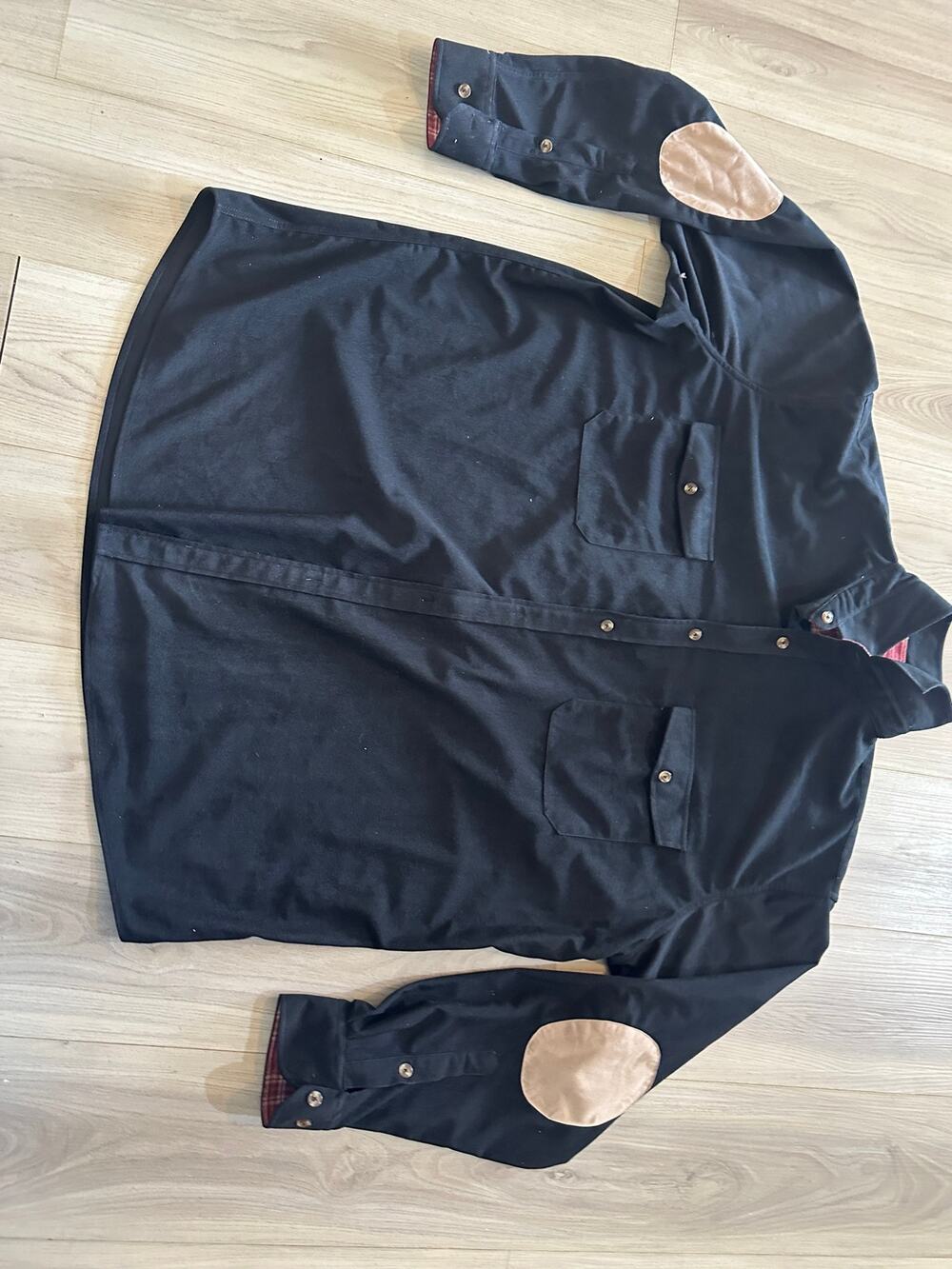 Design In Italy Black Heavy Flannel Shirt Jacket Plaid Lined Suede Elbow Patches